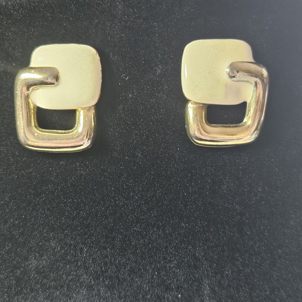 Retro Gold Tone Cream Enamel Chunky Earrings